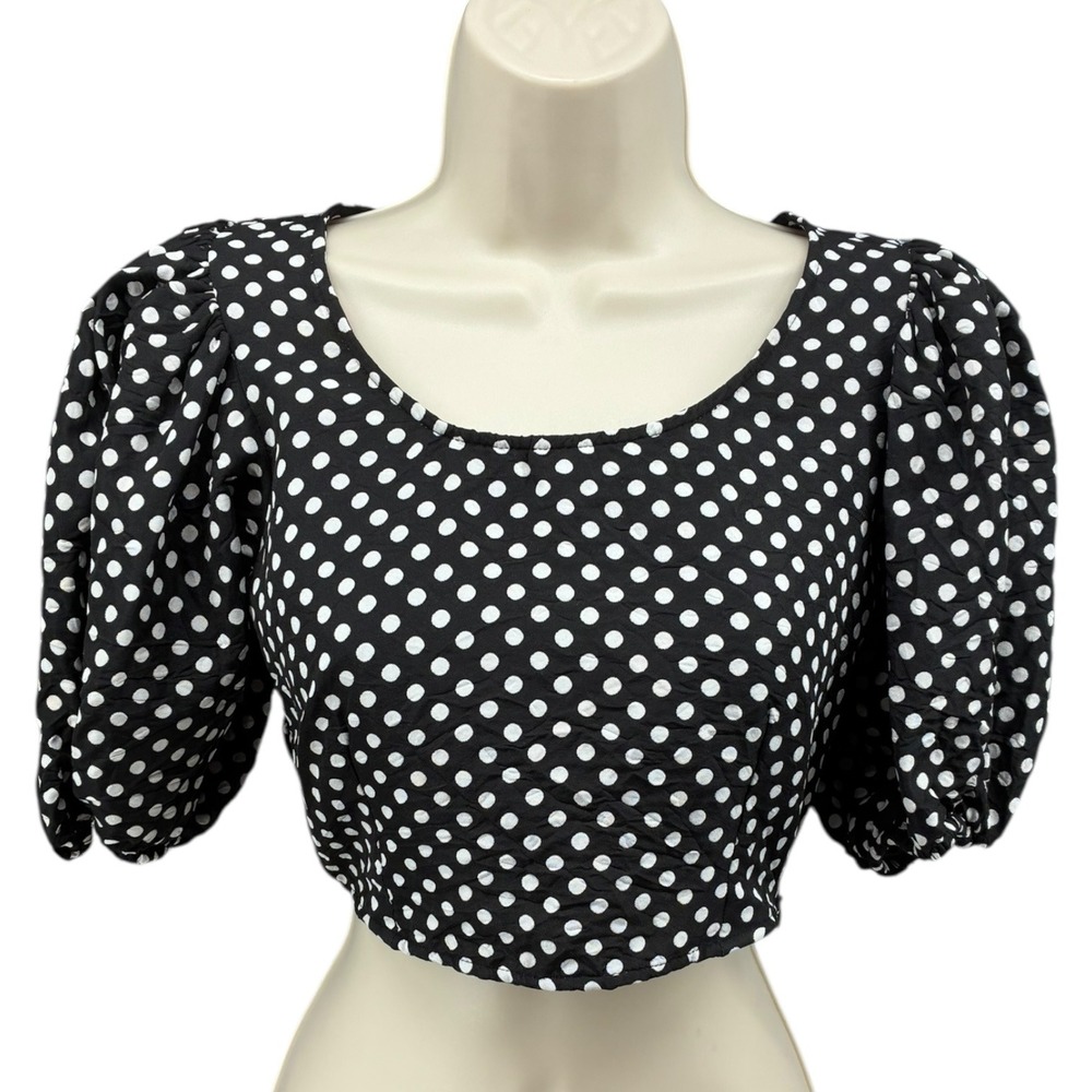 Free‎ People Polka Dot Puff Sleeve Crop Top Blouse Black White Lined Size 0